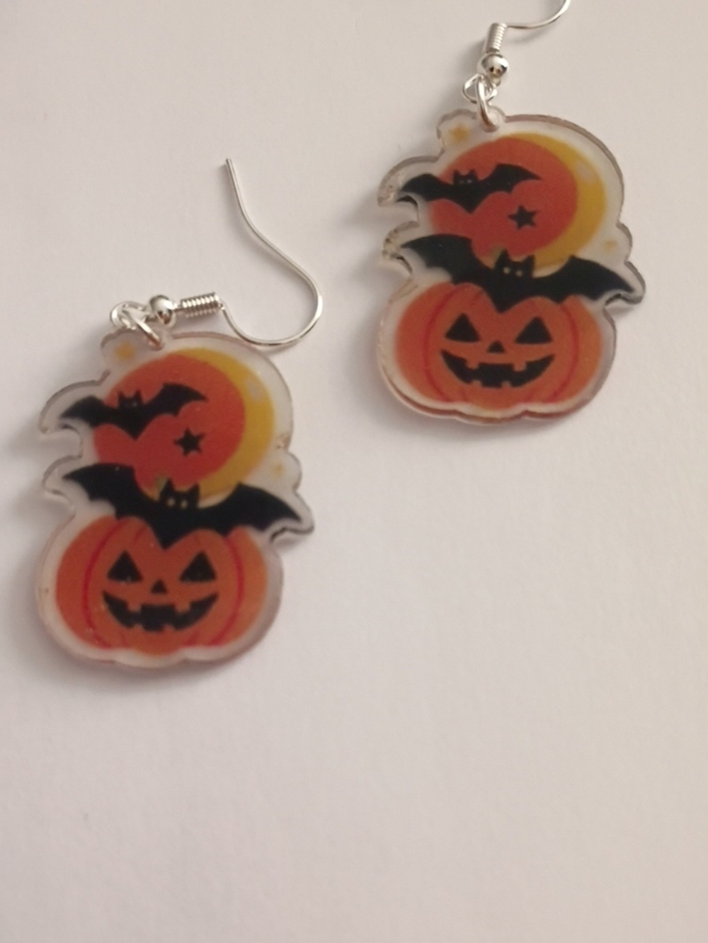 Halloween Pumpkin & Bat Drop Earrings - Orange Black